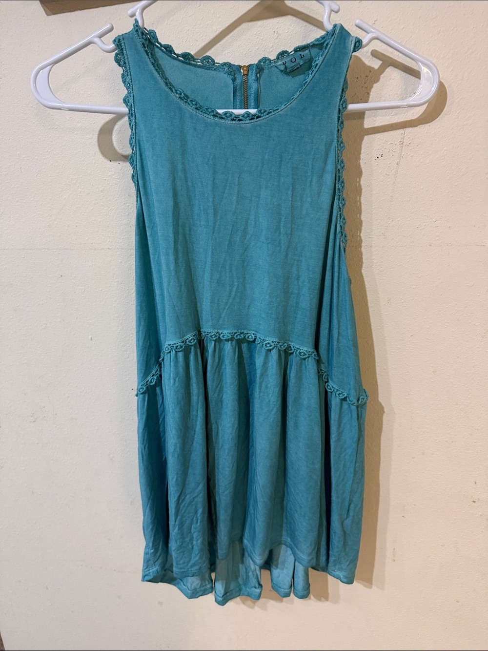 POL Teal Lace-Trim Flowy Sleeveless Swing Boho Tunic Top